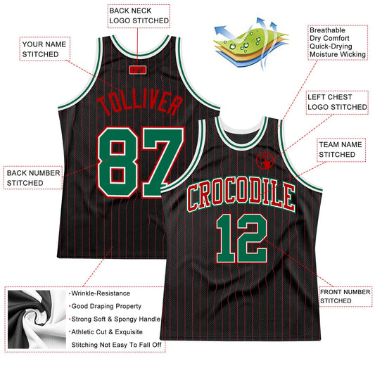 Custom Black Red Pinstripe Kelly Green-Red Authentic Basketball Jersey - Sky-Custom