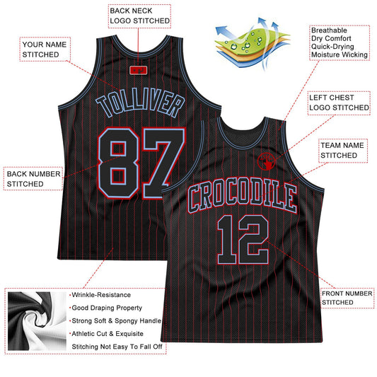 Custom Black Red Pinstripe Black Light Blue-Red Authentic Basketball Jersey - Sky-Custom