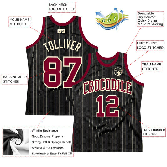 Custom Black Cream Pinstripe Maroon-Cream Authentic Basketball Jersey - Sky-Custom