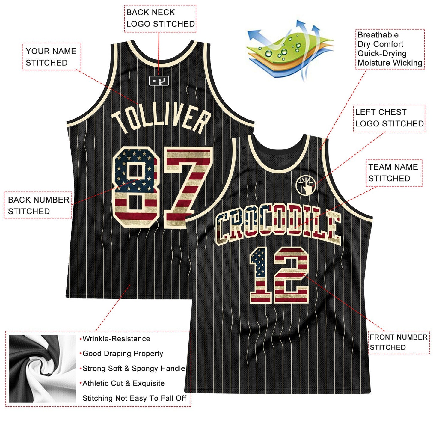 Custom Black Cream Pinstripe Vintage USA Flag-Cream Authentic Basketball Jersey - Sky-Custom