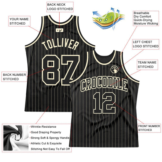 Custom Black Cream Pinstripe Black-Cream Authentic Basketball Jersey - Sky-Custom