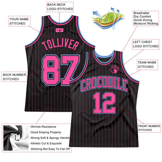 Custom Black Pink Pinstripe Pink-Light Blue Authentic Basketball Jersey - Sky-Custom