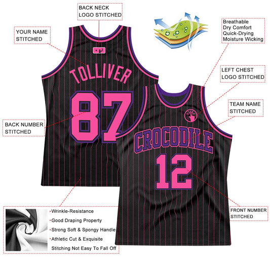 Custom Black Pink Pinstripe Pink-Purple Authentic Basketball Jersey - Sky-Custom