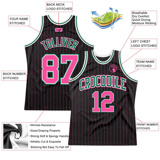 Custom Black Pink Pinstripe Pink-Kelly Green Authentic Basketball Jersey - Sky-Custom
