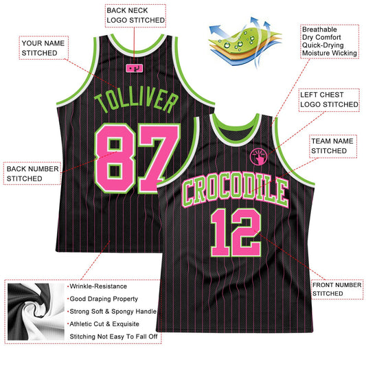Custom Black Pink Pinstripe Pink-Neon Green Authentic Basketball Jersey - Sky-Custom