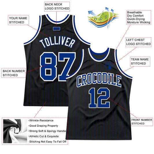 Custom Black Royal Pinstripe Royal-White Authentic Basketball Jersey - Sky-Custom