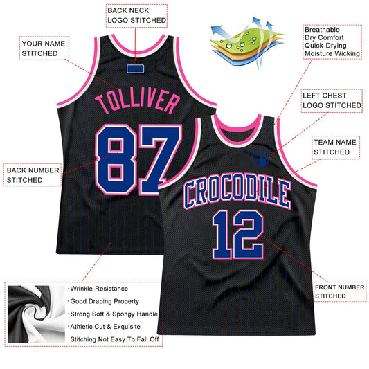 Custom Black Royal Pinstripe Royal-Pink Authentic Basketball Jersey - Sky-Custom