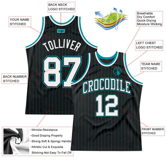 Custom Black Teal Pinstripe White Black-Teal Authentic Basketball Jersey - Sky-Custom
