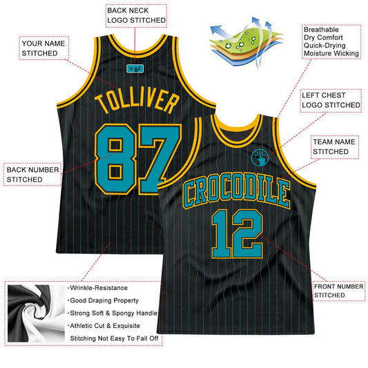 Custom Black Teal Pinstripe Teal-Gold Authentic Basketball Jersey - Sky-Custom