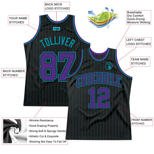 Custom Black Teal Pinstripe Purple-Teal Authentic Basketball Jersey - Sky-Custom