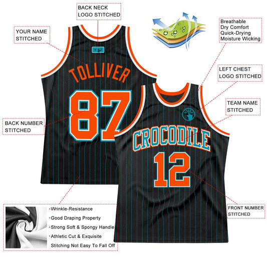 Custom Black Teal Pinstripe Orange-Teal Authentic Basketball Jersey - Sky-Custom