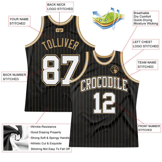 Custom Black Old Gold Pinstripe White-Old Gold Authentic Basketball Jersey - Sky-Custom