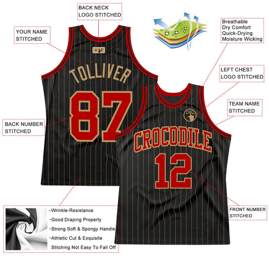 Custom Black Old Gold Pinstripe Red-Old Gold Authentic Basketball Jersey - Sky-Custom
