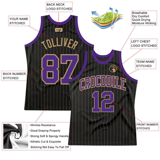 Custom Black Old Gold Pinstripe Purple-Old Gold Authentic Basketball Jersey - Sky-Custom