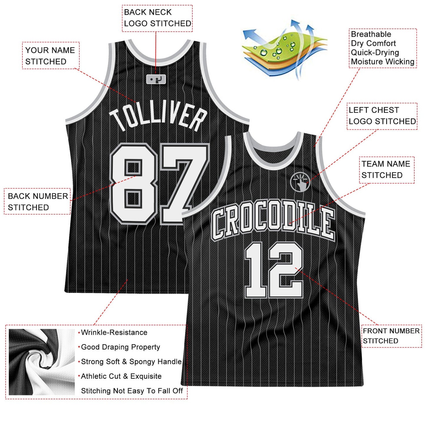 Custom Black Gray Pinstripe White-Gray Authentic Basketball Jersey - Sky-Custom