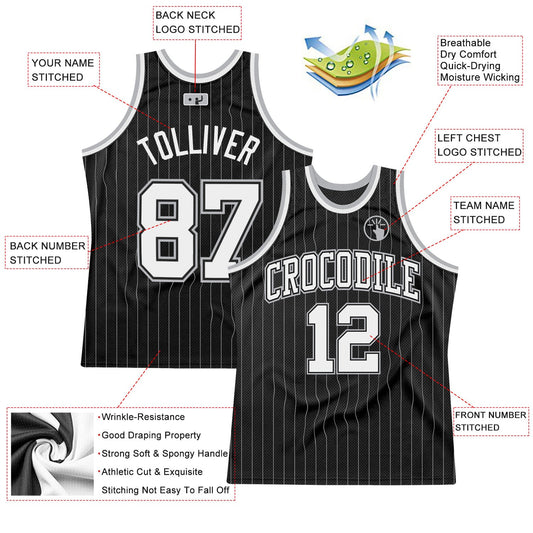 Custom Black Gray Pinstripe White-Gray Authentic Basketball Jersey - Sky-Custom