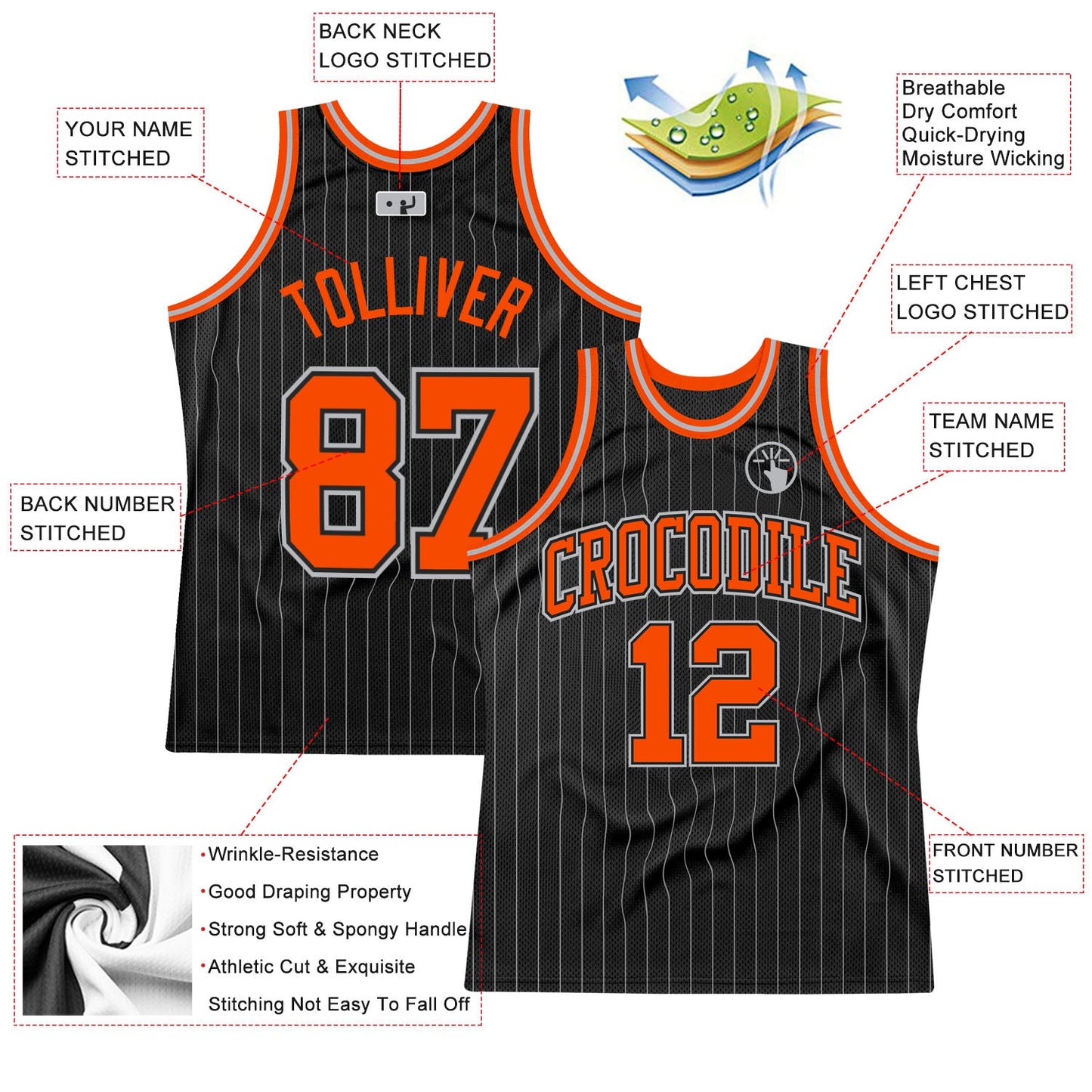 Custom Black Gray Pinstripe Orange-Gray Authentic Basketball Jersey - Sky-Custom