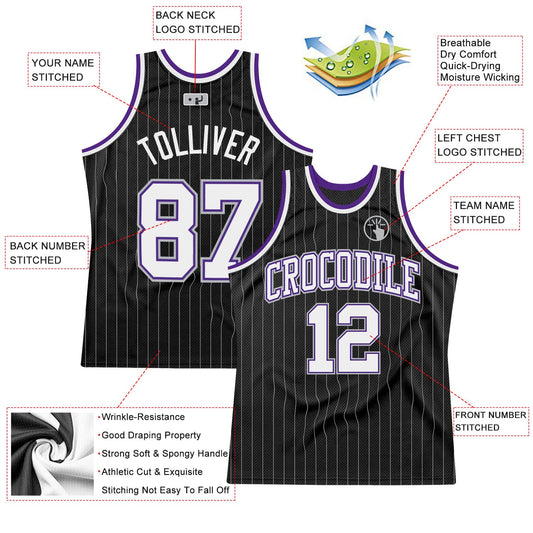 Custom Black Gray Pinstripe White-Purple Authentic Basketball Jersey - Sky-Custom