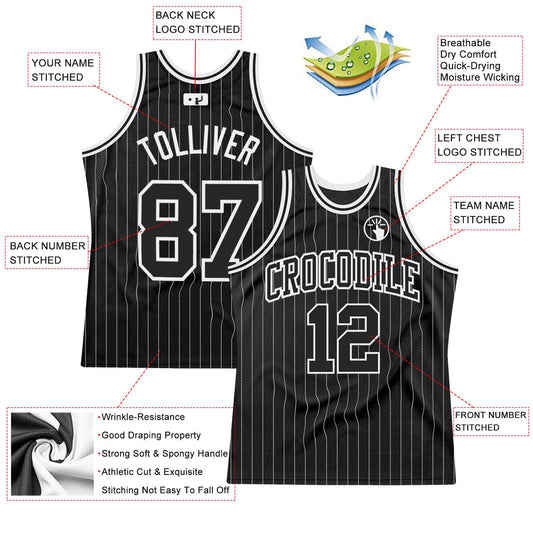 Custom Black White Pinstripe Black-White Authentic Basketball Jersey - Sky-Custom
