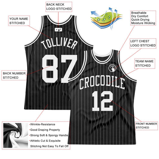 Custom Black White Pinstripe White Authentic Basketball Jersey - Sky-Custom