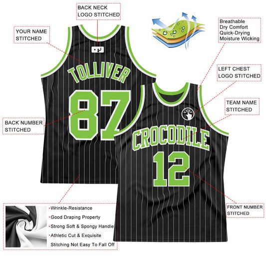 Custom Black White Pinstripe Neon Green-White Authentic Basketball Jersey - Sky-Custom