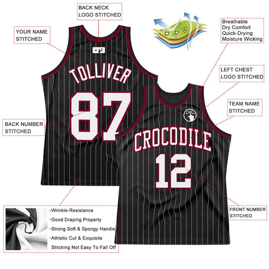 Custom Black White Pinstripe White-Maroon Authentic Basketball Jersey - Sky-Custom