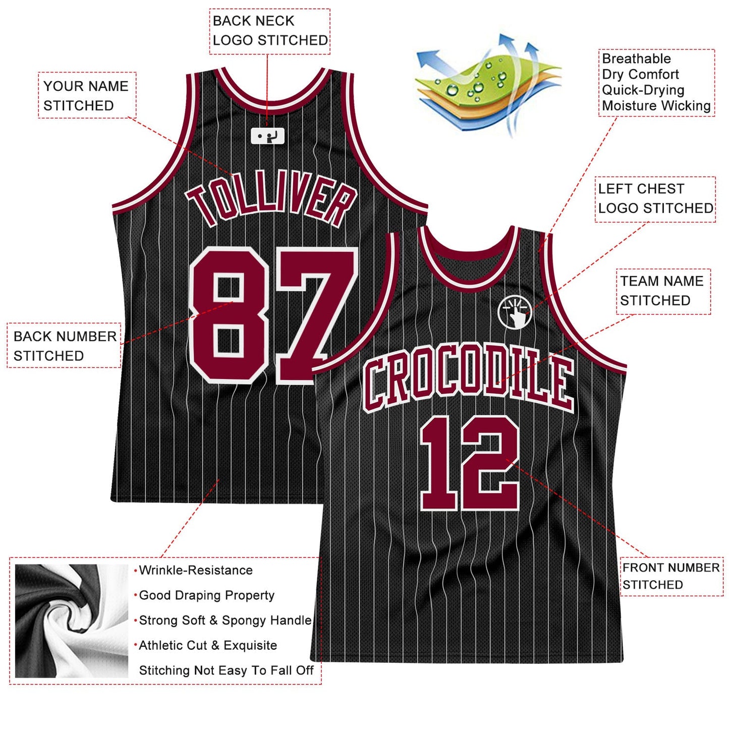 Custom Black White Pinstripe Maroon-White Authentic Basketball Jersey - Sky-Custom