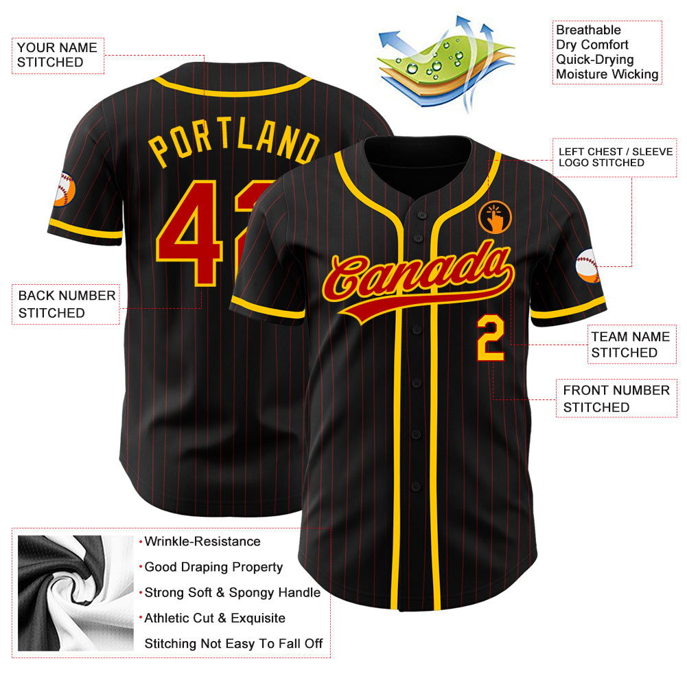 Custom Black Red Pinstripe Red-Yellow Authentic Baseball Jersey - Sky-Custom