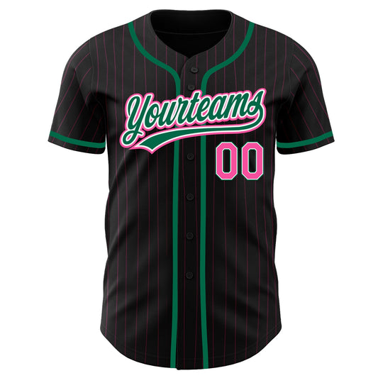 Custom Black Pink Pinstripe Pink-Kelly Green Authentic Baseball Jersey - Sky-Custom