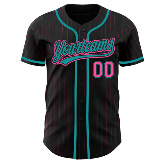 Custom Black Pink Pinstripe Pink-Teal Authentic Baseball Jersey - Sky-Custom