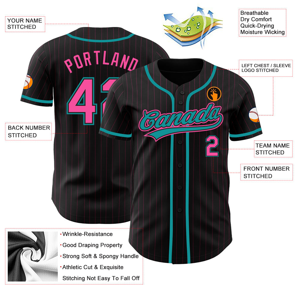 Custom Black Pink Pinstripe Pink-Teal Authentic Baseball Jersey - Sky-Custom