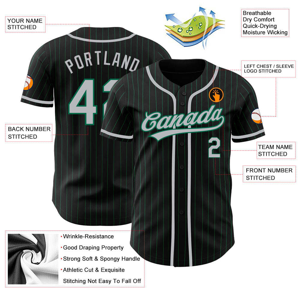 Custom Black Kelly Green Pinstripe Gray Authentic Baseball Jersey - Sky-Custom
