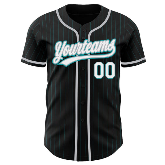 Custom Black Teal Pinstripe White-Gray Authentic Baseball Jersey - Sky-Custom