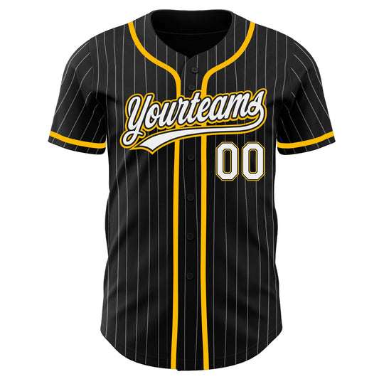 Custom Black White Pinstripe White-Gold Authentic Baseball Jersey - Sky-Custom