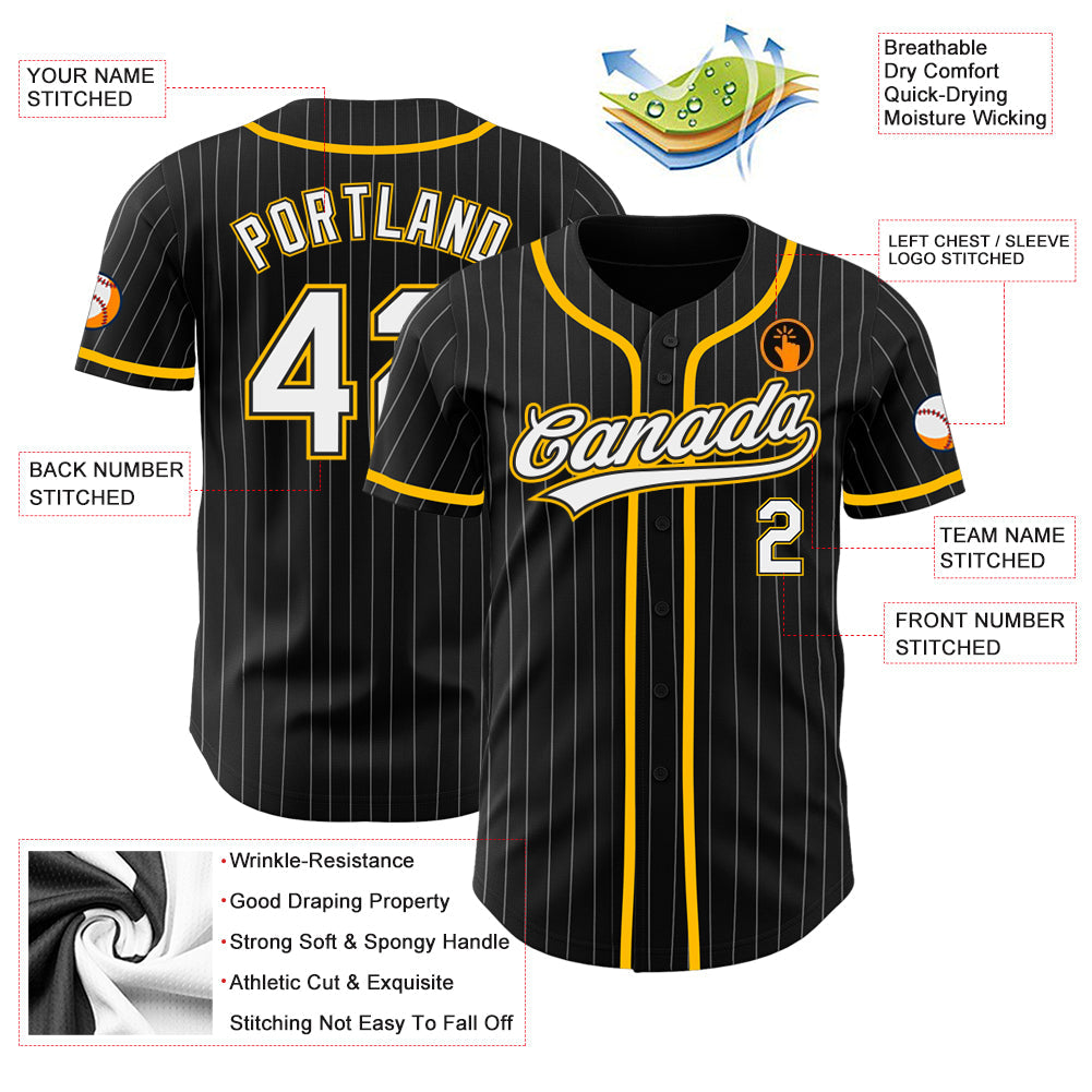 Custom Black White Pinstripe White-Gold Authentic Baseball Jersey - Sky-Custom