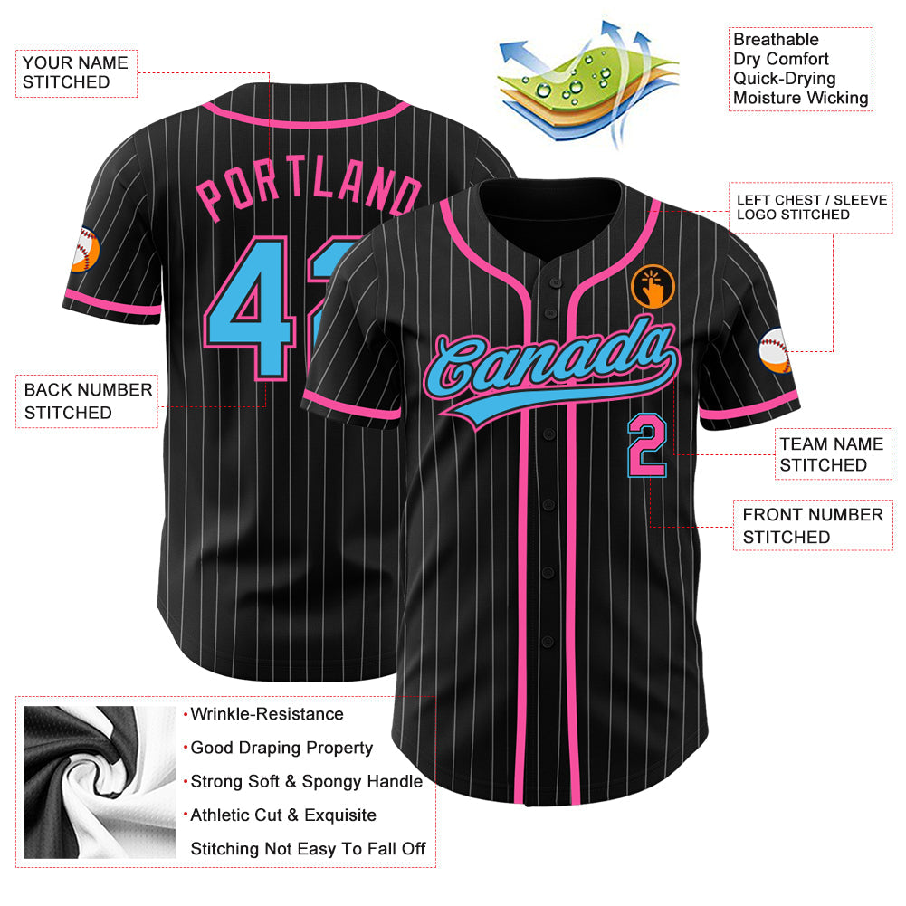 Custom Black White Pinstripe Sky Blue-Pink Authentic Baseball Jersey - Sky-Custom
