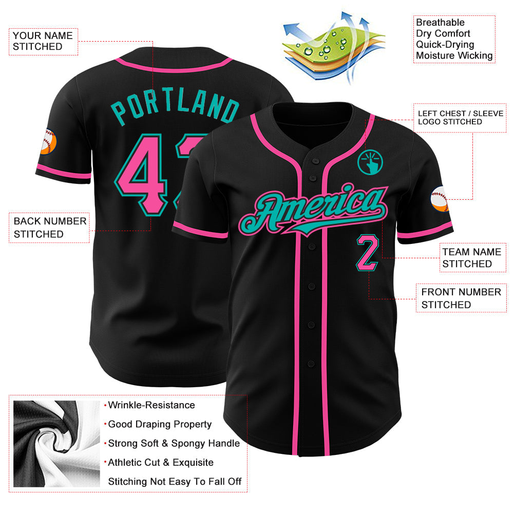 Custom Black Pink-Aqua Authentic Baseball Jersey - Sky-Custom