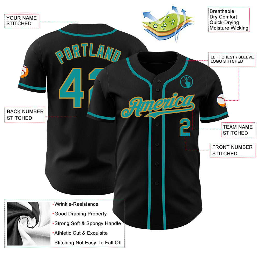 Custom Black Teal-Old Gold Authentic Baseball Jersey - Sky-Custom