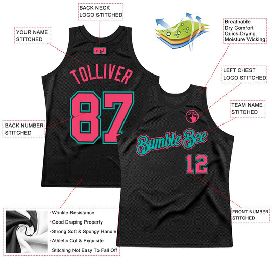 Custom Black Neon Pink-Aqua Authentic Throwback Basketball Jersey - Sky-Custom