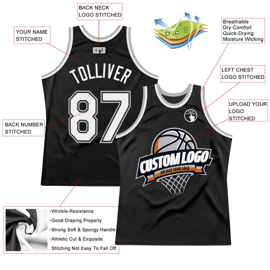 Custom Black White-Gray Authentic Throwback Basketball Jersey - Sky-Custom