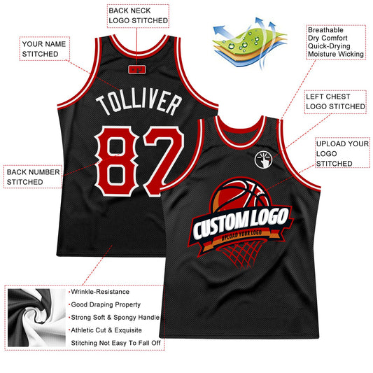 Custom Black Red-White Authentic Throwback Basketball Jersey - Sky-Custom