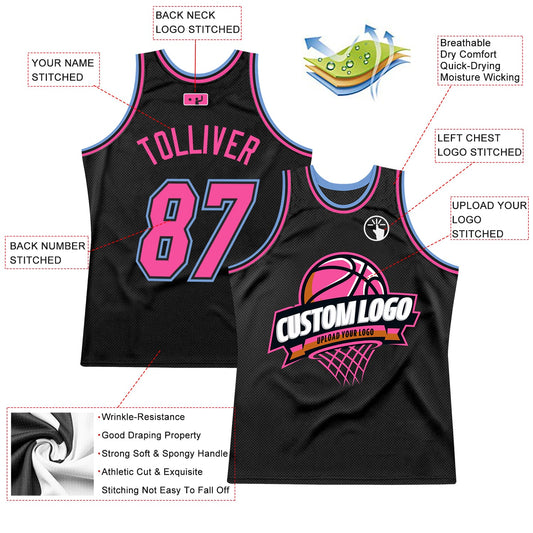 Custom Black Pink-Light Blue Authentic Throwback Basketball Jersey - Sky-Custom