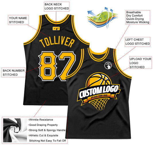 Custom Black Gold-White Authentic Throwback Basketball Jersey - Sky-Custom