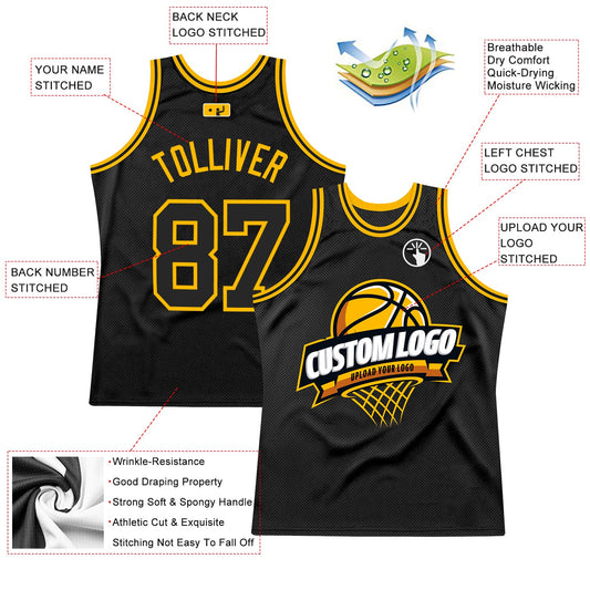 Custom Black Gold Authentic Throwback Basketball Jersey - Sky-Custom