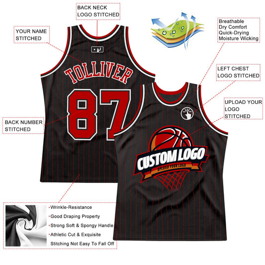 Custom Black Red Pinstripe White Authentic Basketball Jersey - Sky-Custom
