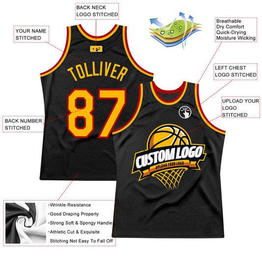 Custom Black Gold-Red Authentic Throwback Basketball Jersey - Sky-Custom