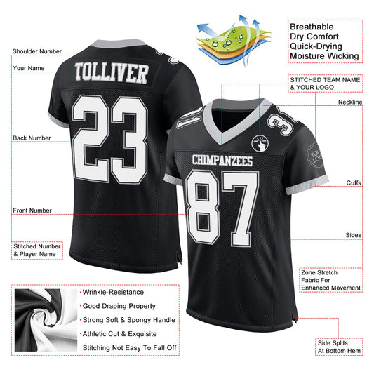 Custom Black White-Gray Mesh Authentic Football Jersey - Sky-Custom