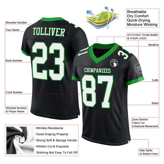 Custom Black White-Grass Green Mesh Authentic Football Jersey - Sky-Custom