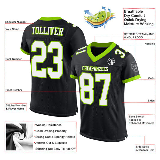 Custom Black White-Neon Green Mesh Authentic Football Jersey - Sky-Custom