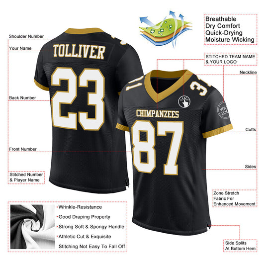 Custom Black White-Old Gold Mesh Authentic Football Jersey - Sky-Custom